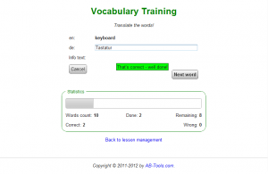 Screenshot der alten Version des Vokabel-Trainers: Vokabel-Training